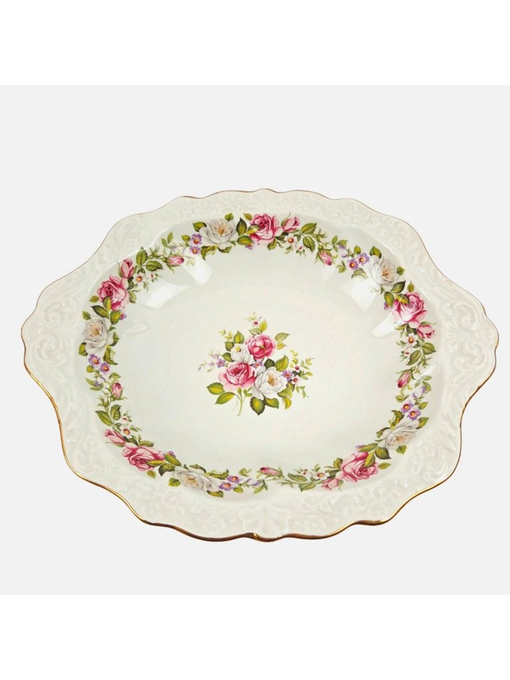 James Kent Old Foley Serving Bowl Harmony Rose Pattern Scalloped Edge Gold Trim
